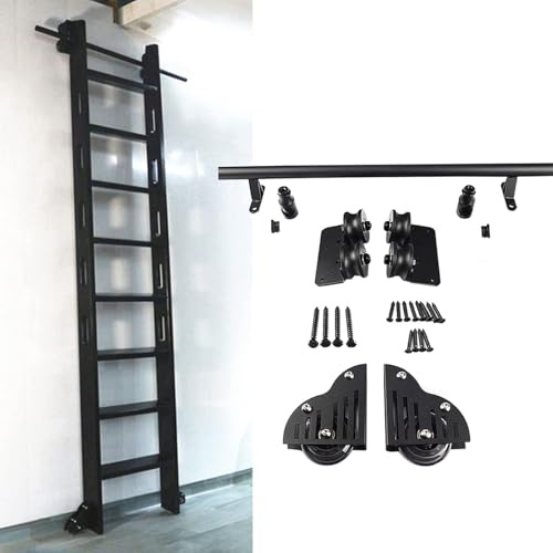 Schwerlast-Schiebeleiter-Hardware-Kit aus Karbonstahl mit Bodenrollenrädern für Zuhause/Innen/Dachboden, 2,4 m Schienen-Set, verstellbare Länge 100 - 732 cm