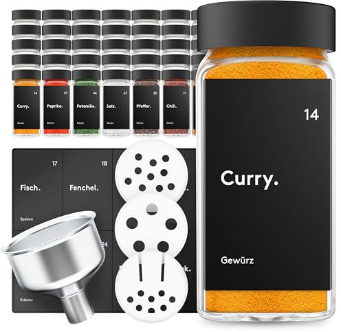 ZMILLA® Set di barattoli per spezie, colore nero, 24 pezzi, rettangolari con spargitore | Include 240 etichette + penna acrilica + imbuto in alluminio | Conservazione spezie