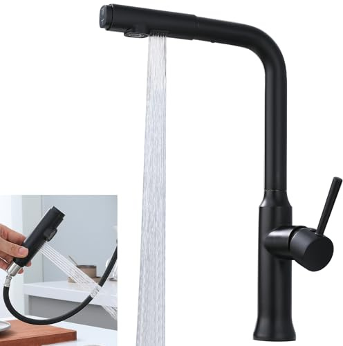 EUJOISE Robinet de cuisine noir extensible, Extractible Cuisine Mitigeur avec Douchette, robinet d'évier de lave-vaisselle avec deux fonctions de pulvérisation