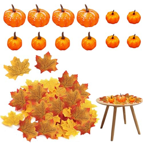 Mini Citrouilles Décoratives + Lot de 12 Citrouilles Mousse + Feuilles Érables Artificielles 100 Pièces + 3 Tailles + Orange Automne