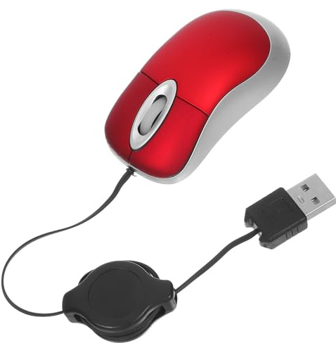 Souris USB Télescopique Mini Rouge, 3 Boutons, 1000 Dpi, Portable | Câble Rétractable Intégré, Molette Tridirectionnelle, Coque Plastique, Prise en Main Confortable