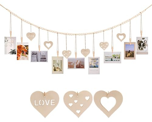 Homeily Boho Hängende Fotodekoration mit Holzklammern und Perlen | DIY Kreative Fotoaufhängung, 110 cm Collagen-Wanddekoration, für Zuhause, Büro, Schlafzimmer, Kinderzimmer