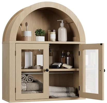 ChooChoo Arched Wall Cabinet with Acrylic Doors, Bathroom Cabinet Wall Mount Over The Toilet with Display Shelf, Wooden Storage Cabinet for Kitchen, Living Room or Entryway, Natural