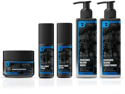 The Mountain Beard Care Kit for Men – Day & Night Oil, Balm, Wash & Conditioner – Hydrates, Softens & Styles – Natural, Vegan & Cruelty-Free – 5-Piece Set