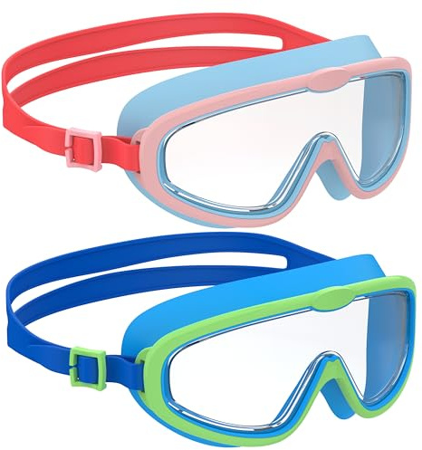 Ambienden 2 Pcs Gafas de Natación, Antivaho de Visión Clara, Protección UV, Junta de Silicona, Unisex Montura Grande Gafas Natacion Niño de 6 a 14 Años, O