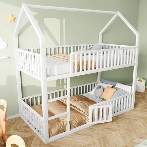 Biqzuya Lit superposé Enfant 90x200 cm en métal, lit Mezzanine avec escalier, lit Familial pour Enfants, Design loft, lit inférieur avec Porte ouvrable et refermable, sans Matelas