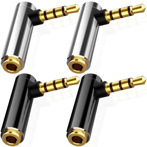 Xiatiaosann 3,5 mm högervinklad ljudadapter, guldpläterad 90 grader 3,5 mm hane till hona TRRS stereouttag AUX-adapterkontakt för headset, surfplatta, MP4 (silver och svart, 4-pack)