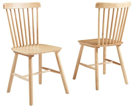 [en.casa] Juego de 2 Sillas de Comedor Karmoy Respaldo Curvado con Listones Verticales Conjunto de 2 Sillas para Cocina Salón Despacho Madera de Caucho 89 x 46 x 52 cm - Natural