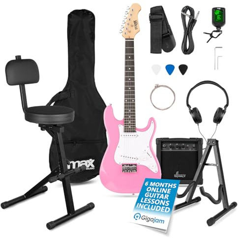 MAX GigKit 3/4 Junior Electric Guitar Package with Stool & Stand – Pink – Complete Beginners’ Kit with 20W Amplifier, Padded Gig Bag, Accessories – Ideal for Kids & Starters
