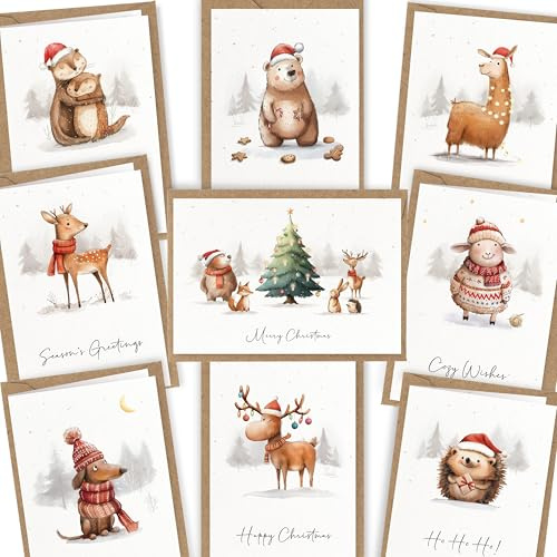 LOViLEE Weihnachtskarten inkl. extra Umschläge & Sticker im 10er Geschenkset EN - hochwertige Klappkarten zu Weihnachten - Weihnachtskarten mit Umschlag Set - Schneetiere Aquarell