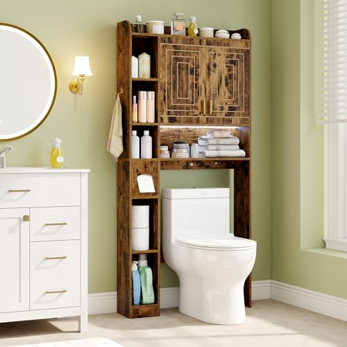 COSTWAY Meuble WC, Étagère de Toilettes avec Éclairage LED, Placard à 2 Portes & 6 Compartiments Ouverts, Porte-Papier, Étagère Réglable, pour Salle de Bains, Buanderie (Marron Rustique)
