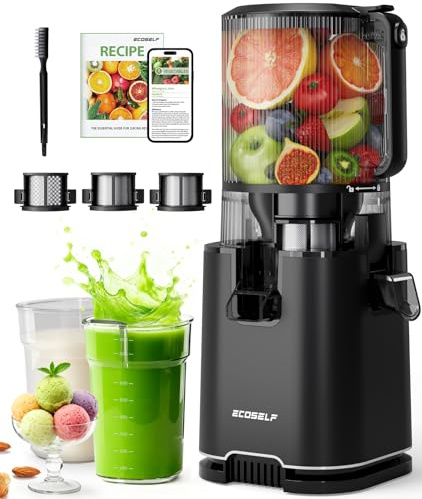 ECOSELF Cold Press Juicer with 3 Filters (For Juice/Sorbet/Nut Milk), Juicer Machines With 6.0 Wide Mouth Hopper, Self Feeding & Hands-Free Design, Juicer for Family Gathering Party, With Brush