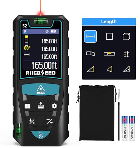 Medidor Láser 50M,RockSeed Pantalla HD IPS Medidor de Distancia Láser Digital con Sensor de Ángulo Eléctrico,Telémetro Láser Portátil con 5 Unidades,Medición de Distancia/Área/Volumen/Pitagórico,etc.