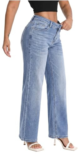 SHAPUM Flattering Wide Leg Jeans Curvy Women Low Rise Loose BBL Jean Casual | Butts Lifting, Tummy Control Comfy Around Waist, Stretchy Breathable Soft Denim, Retro Designer Feel, Long Baggy Fit for Tall