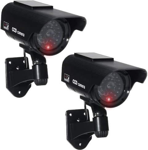 JUSTOP Twin Pack Dummy CCTV Camera Outdoor/Indoor Waterproof With Reality LED Light Solar Or Battery Powered Fake CCTV Cam With Warning Sign - Black