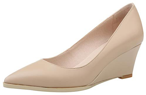 Jamron Dame Äkta Läder Spetsig Tå 5,5CM Kilklack Pump Skor Kontorsskor Beige SN02411-2 EU38.5