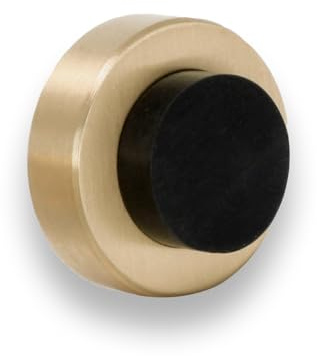 EVI Herrajes | Tope de Puerta para Colocación en Pared | 35 x 18 mm | De Latón Dorado | Goma Negra | Amortiguador Anti Golpes | Para Manillas | 2 Modos de Instalación | 04025435TPMLMT