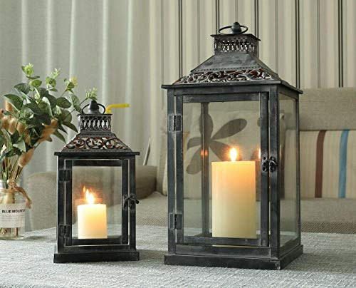 JHY DESIGN Set of 2 Large Lanterns, 41cm&27cm High Metal Canldestickss for Indoor Outdoor Hallway Grave, Vintage Hanging Candle Holder Living Room Garden Balcony Yard Gift(Black with Grey Brush)