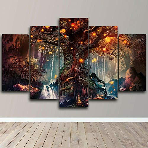yuanjun 3D Leinwanddrucke,Modulare Wandkunst Wandaufkleber,5 Teiliges Wandbild,Mit Rahmen,Größe 150 X 80 cm Leinwandbild, Wandbilder XXL Magic Forest Fantasy 5