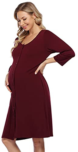 KOJOOIN Dam födelse amningsnattlinne pyjamas graviditet pyjamas nattkläder med genomgående knappslå (förpackning återanvändbar), Vinröd A (långärmad), XL