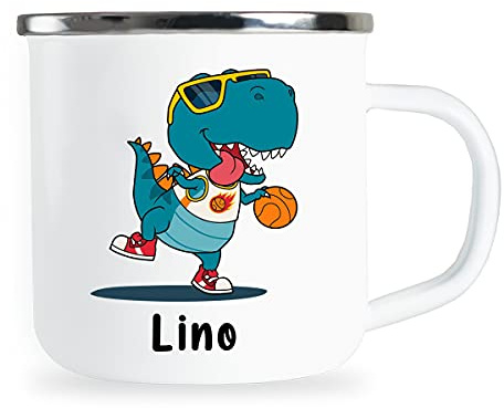 Lino Personalisierte Kindertasse mit Name und lustigem Dinosaurier Motiv Emaille Tasse individuelle Geschenke Kind Geburtstag Junge Mädchen Metallbecher Emailletasse Geschenkidee