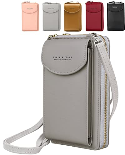 VDSOW Damen Handy Umhängetasche, Leder Handytasche zum Umhängen mit Geldbörse Kartenfächer, Crossbody Umhängetaschen Geldbeutel Brieftasche Kleine Tasche Geschenke Geburtstag Weihnachten, Grau