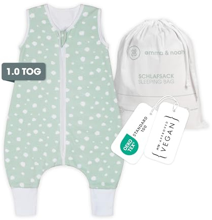 emma & noah Baby Schlafsack mit Füßen 1.0 TOG, Ganzjahres Schlafsack mit Beinen für den Frühling, Sommer und Herbst, 100% Bio-Baumwolle, Oeko-TEX Zertifiziert (Punkte Mint, 80 cm)