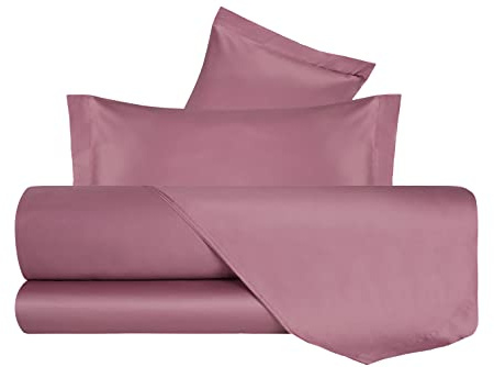VANITA' DI RASO Completo letto Lenzuola di Raso Matrimoniale, Made in Italy, Lenzuolo piano 240x290cm + Lenzuolo Sotto con Angoli 160x190cm + 2 Federe a 2 Volani 50x80cm - Rosa Nostalgia