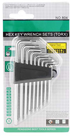 Juego de llaves Torx en forma de L de 9 T6/T7/T8/T9/T10/T15/T20/T25/T27 de acero al cromo vanadio ajustable en forma de L, ángulo estándar de 90°, con pequeña estrella de seguridad universal con