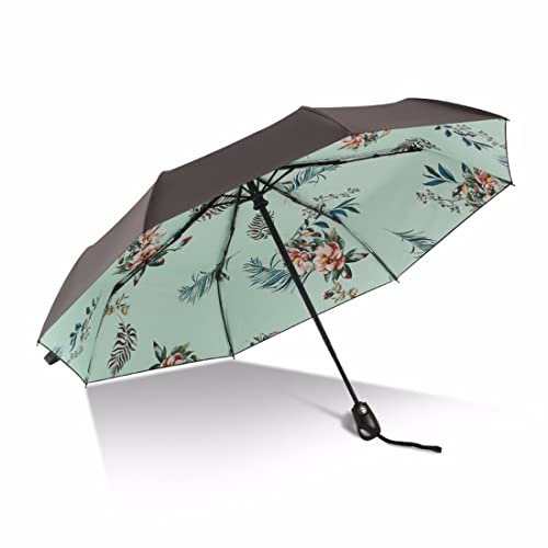 Camellia Automatisch Öffnen Reise Sonnenschirm, UPF 50+, UV-Schutz, Faltschirm, regenbeständig, leicht Sonnenschirm, grün