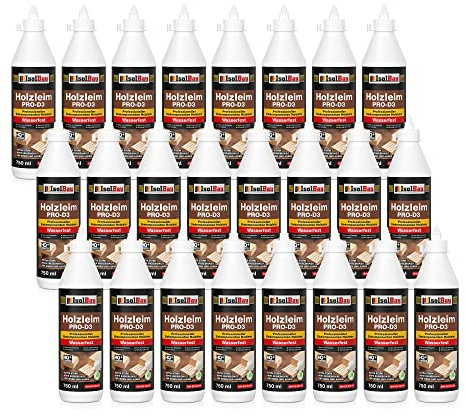 Isolbau Holzleim PRO-D3-24 x 750 ml (860 g) Extra starker Holzkleber für alle Holzarten, für Innen & Außen, Wasserfest, Lösemittelfrei