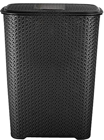 JMS we create smile - 65L Litre Large Laundry Basket With Lid - Plastic Rattan Knit Design Black Laundry Hamper Washing Basket Bin with Handles for Linen Clothes Storage Bathroom/Bedroom