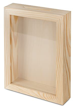 BAS Spardose Holzspardose zum Basteln und Dekorieren Geldgeschenk Sparbüchse Holz-Rahmen mit Sichtfenster,Bilderrahmen zum Befüllen (Rechteck-sentkrecht), Einheitsgröße
