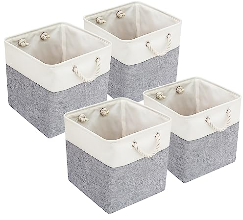UMILKI 4 Stück Aufbewahrungsboxen Stoff，28×28×28cm Aufbewahrungskorb mit Griffen,Faltbare Aufbewahrungswürfel für Regale, Schränke, Kleiderschrank, Kleidung, Spielzeug(Grau/Weiß)