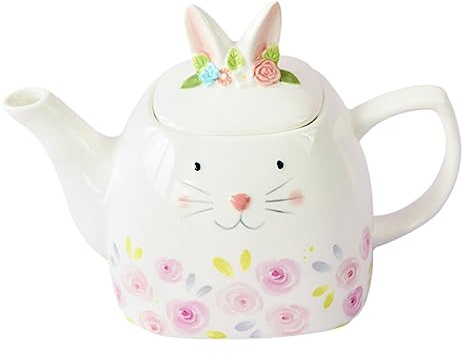 Zerodeko Easter Rabbit Ceramic Teapot Creative Flowers Relief Heat-Resistant Home Tea Kettle Tea Pot Household Teaware