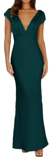 Halfisland - Vestido Largo de satén para Mujer, Cuello en V, Manga Casquillo, Espalda Descubierta, Elegante, Corte Torcido, Vestido Midi para invitada de Boda, Verde Oscuro, XS