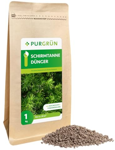 Purgrün® Schirmtanne-Dünger 1 kg – Leuchtend grüne Nadeln dank extra Magnesium – Verbessert die Bodenqualität mit Tonmineralien – Ergiebiges Krümelgranulat für ca. 5-6 Schirmtannen – chloridarm