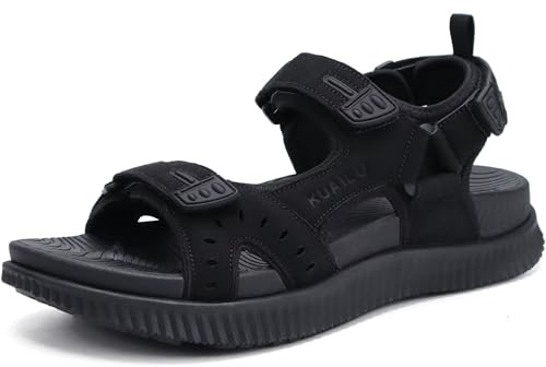 KuaiLu Mens Leather Hiking Sandals with Arch Support Orthopedic Sport Recovery Athletic Walking Sandals For Man Outdoor Summer Casual Thick Cushion Beach Water Fisherman Sandal, size 8 Black