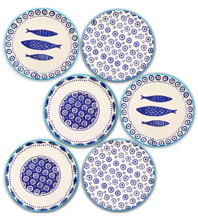 PHRYGIA Porcelain Plate Set, Set of 6, 8 Inch, Lightweight Ceramic Plate,Porcelain Lunch Plates,Salad Plates, Small Dinner Plate Set, Colorful Pattern Plate (20cm, Fish)