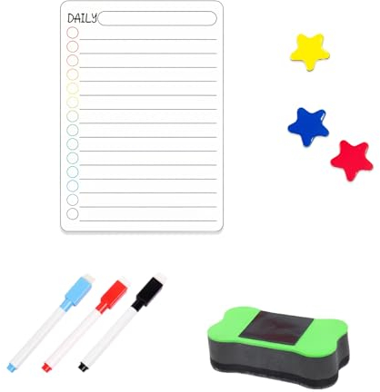 DHWEKU Planning journalier,Calendrier magnetique Frigo,Emploi du Temps,Planificateur journalier,Tableau Organisateur Familial idéal pour Plan des Menus,Avec stylo et Brosse Effaceur Magnétique