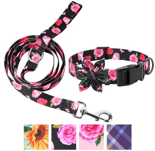 Hundehalsband und Leine, Set aus Hundeleine und Halsband, verstellbares Hundegeschirr und Leine, Set mit schöner floraler Fliege für kleine, mittelgroße und große Hündinnen, Rosenschwarz