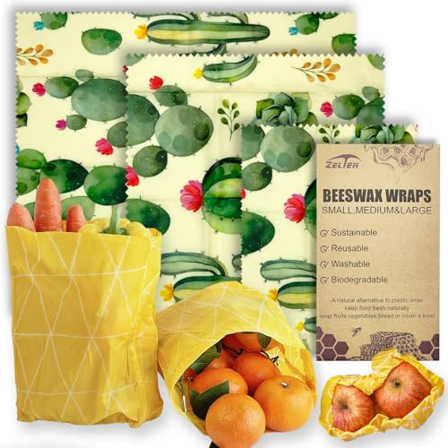 Beeswax Reusable Food Wraps - (3 Packs, 3 Sizes S,M,L) Plastic and Silicone Free, Eco-friendly Wrap, Wax Paper for Food,Cactus