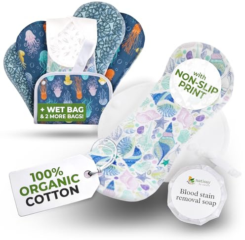 Compresas reutilizables antideslizantes para adolescentes (S+M, 6 uds); lavables a alta T°, suaves, no irritantes, cómodas; compresas tela en algodón orgánico para la primera regla cómoda y ecológica