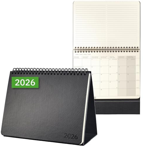 SIGEL C2681 Tischkalender Querkalender 2026, ca. A5 quer, schwarz, Hardcover, 2 Seiten = unten Monat/oben Notizseite, 144 Seiten, zum Aufstellen, aus nachhaltigem Papier, Conceptum