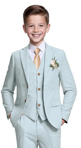 Boys Suit Linen Breathable 3 Piece Summer Slim Fit Kids Linen Suit Teen Blazer Vest Pant Set Sky Blue