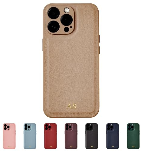 Tirita Personalisierte Handyhülle für iPhone 15 Pro Hülle - Handyhülle Selbst Gestalten aus Veganem Leder & Initialen Personalisieren - Geschecke für Frauen & Männer - Beige, Gold