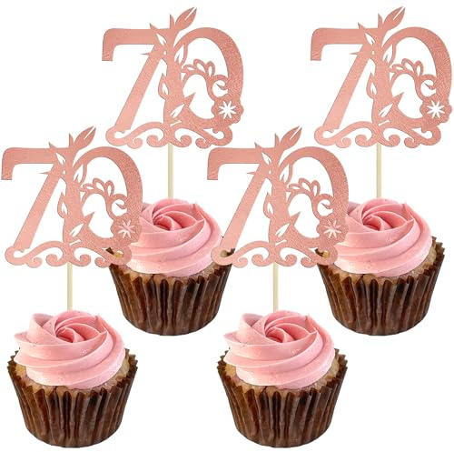 Gyufise 24Pcs Happy 70th Birthday Cupcake Toppers 70 Fabulous Cake Topper Cheers to 70 Cake Decoration for 70th Birthday Anniversary Party Decoration Supplies Rose Gold