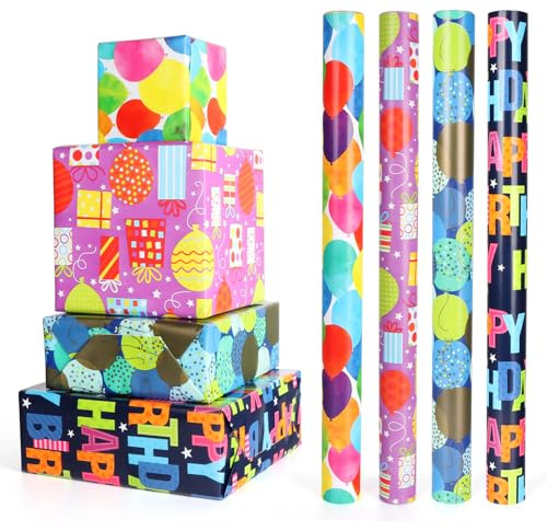 PARTY GO Geschenkpapier Geburtstag Bunte, 4 Rollen 43x300cm Geschenkpapier Kinder Mädchen Junge, Birthday Gift Wrapping Paper für alle Geburtstagsanlässe