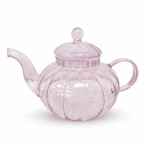 Charbrew Ribbed Borosilicate Glass Teapot 1000ml - Pink, Makes 4 Cups, for Loose Leaf, Teabags & Blooming Tea, Dishwasher & Microwave Safe, Stove Top Friendly (-20°C to 150°C)
