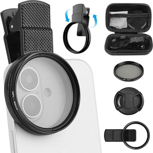 Clip-0n CPL - Kit de filtro de cámara de teléfono de 52 mm, filtro polarizador circular, juego de filtros de teléfono con retroiluminación HD más clara, compatible con iPhone 16, 15, 14, 13, 12, 11 (1